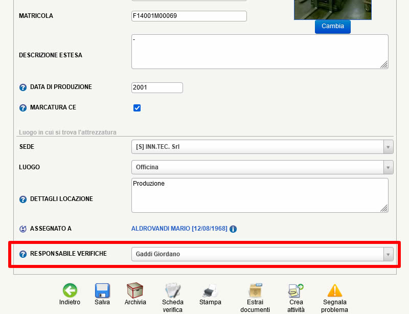Assegnazione del responsabile delle verifiche dell'attrezzatura